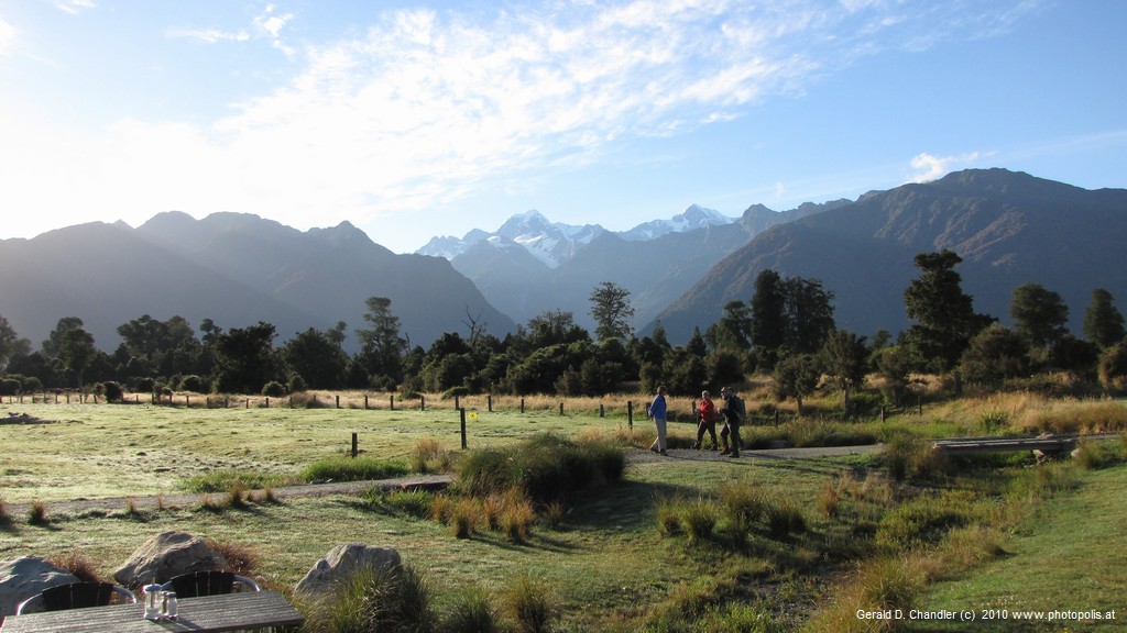 Mts Tasman and Cook from Lake Matheson Cafe